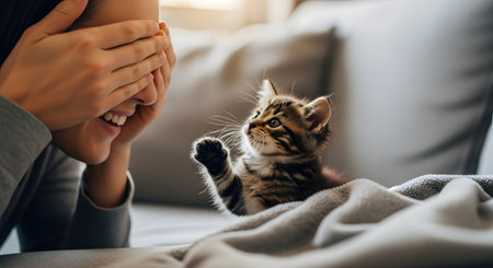 A playful woman covering her eyes to play peekaboo with a cute tabby kitten on a sofa. The kitten is reaching out with its paw, capturing a heartwarming moment of bonding and joy between owner and pet in a cozy home setting.の素材