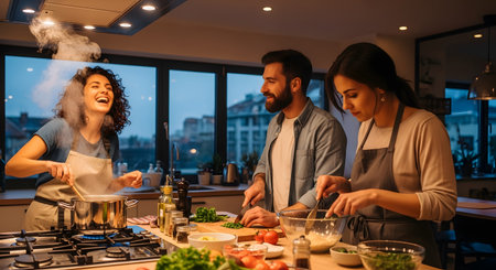 A group of happy friends cooks dinner together in a modern kitchen, chopping vegetables and stirring pots while laughing. The warm evening atmosphere reflects joy, friendship, and the shared experience of preparing a healthy meal.の素材