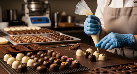 A close-up of a chocolatier's gloved hands using a piping bag to decorate white chocolate truffles. The workspace is filled with various chocolate candies and molds, showcasing the art of confectionery.の素材