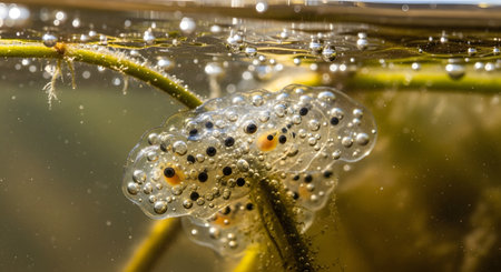 A detailed macro underwater shot reveals a cluster of clear, gelatinous frog eggs attached to a submerged plant stem. The developing embryos are visible inside the transparent spheres, showcasing the early stages of amphibian life.の素材