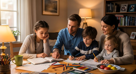 A loving family of four sits together at a wooden table in a cozy living room, with parents helping their young son and daughter with homework and drawing. The warm, sunlit scene depicts parental support, childhood education, and happy family bonding.の素材