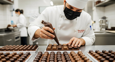 A focused male pastry chef wearing a mask and white uniform carefully fills chocolate molds using a piping bag in a professional commercial kitchen. He is surrounded by trays of finished chocolates, demonstrating precision and hygiene.の素材