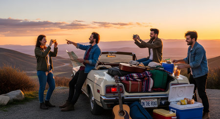 A group of four young friends enjoying a road trip stop at sunset, leaning against a convertible car filled with luggage. They are laughing, checking a map, and taking photos of the scenic mountain landscape in the golden hour.の素材