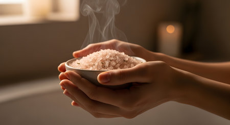 A close-up of a woman's hands holding a bowl of steaming pink bath salts in a dimly lit spa setting. The steam rising from the bowl and the blurred candle background evoke a sense of relaxation and wellness therapy.の素材