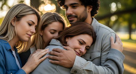 A diverse group of four friends stands close together in a park, sharing a warm and supportive group hug. The golden sunset light creates a comforting atmosphere as they embrace, showing genuine connection and care.の素材