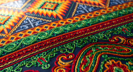 A close-up detailed view of intricate colorful embroidery with geometric patterns on dark fabric. The image highlights the texture of the stitching and the vibrant traditional design of the textile art.の素材