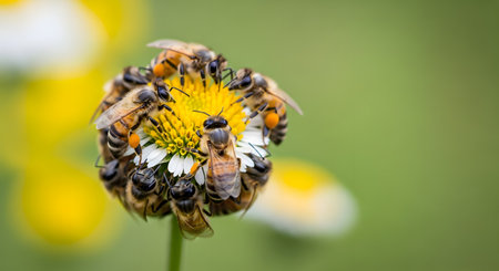 A macro photograph shows a cluster of bees crowded together on a single flower head, busily gathering pollen. The image captures the cooperative nature of the insects and the intense activity of pollination in a natural setting.の素材
