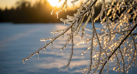 Close-up of tree branches encased in glistening ice during a freezing winter sunset. The golden sun shines through the icicles, creating a sparkling, magical contrast against the cold blue snowy background.の素材