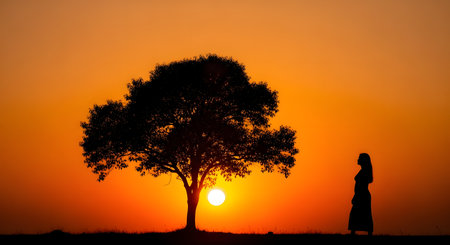 A serene silhouette of a large tree and a woman standing in a field against a vibrant orange sunset. The minimalist composition highlights the contrast between the dark subjects and the warm, glowing sky.の素材