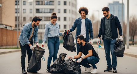 A group of young volunteers picks up trash and fills black garbage bags on a city street, promoting community cleanliness. They smile and work together, highlighting environmental responsibility and civic duty.の素材