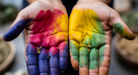Two open palms are covered in vibrant patches of pink, yellow, green, and blue powder paint, likely from a Holi festival celebration. The colorful textures on the skin symbolize joy, creativity, and cultural festivity.の素材