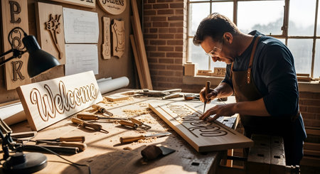 A skilled carpenter carves a 'Welcome' sign into a wooden board using a chisel in a sunlit workshop. The craftsman is focused on his work, surrounded by sawdust and various woodworking tools on the bench.の素材