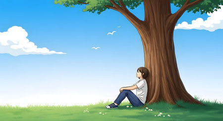 An anime-style illustration depicts a young girl sitting peacefully under a large tree on a grassy hill. She looks up at the blue sky dotted with white clouds and birds, enjoying a moment of solitude and connection with nature.の素材