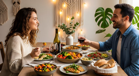 A happy couple enjoys a romantic and healthy dinner at home, eating salad and roasted vegetables with a glass of red wine. The cozy dining setting fosters conversation and connection between the partners.の素材