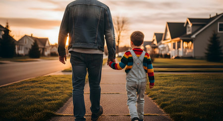 A heartwarming rear view of a father and his young son walking hand-in-hand down a sidewalk in a suburban neighborhood at sunset. The golden hour light casts a warm glow, emphasizing the bond of love and guidance between parent and child.の素材