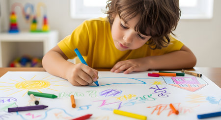 A focused young boy draws a colorful picture of a house and sun with crayons on a large sheet of paper. Sitting at a table indoors, he explores his creativity through art and imagination.の素材