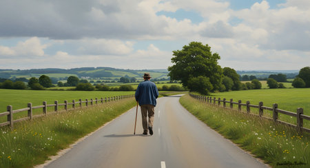 A painting depicting an elderly man walking away down a paved country road, leaning on a cane. The landscape features rolling green hills, trees, and a cloudy sky, conveying a sense of solitude and peaceful journey.の素材