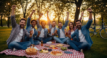 A diverse group of cheerful friends sitting on a picnic blanket in a park, raising their beer bottles in a toast. They are laughing and celebrating during a beautiful sunset, enjoying food and good company outdoors.の素材