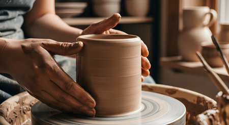A close-up view of an artisan's hands gently shaping wet clay into a cylinder on a spinning pottery wheel. The image focuses on the texture of the clay and the skilled craftsmanship involved in ceramic art.の素材