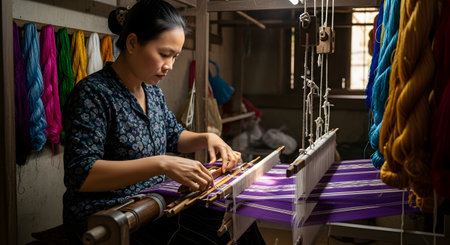 A focused Asian woman weaving colorful textiles on a traditional wooden loom in a workshop. She is meticulously handling the threads and shuttle, showcasing the intricate skill and cultural heritage of handcrafted fabric production.の素材