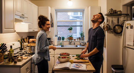 A cheerful young couple laughs while preparing a healthy meal together in a modern home kitchen. The man chops vegetables while the woman stirs a pot, showcasing a happy relationship and shared domestic responsibilities. The warm lighting enhances the cozy and romantic atmosphere.の素材