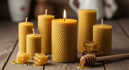 A group of natural beeswax candles with a honeycomb texture burn warmly on a wooden table. The rustic setting includes pieces of honeycomb and a wooden honey dipper, creating a relaxing and organic atmosphere.の素材