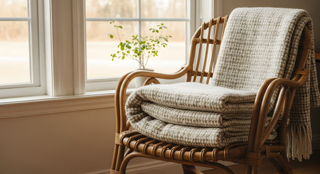 A beige knitted blanket is neatly folded on a rattan chair next to a bright window with a small potted plant. The scene evokes a sense of warmth, comfort, and peaceful home interior design.の素材