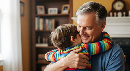 A smiling grandfather gives a warm hug to his young grandson in a comfortable living room. The heartwarming scene depicts strong family bonds, intergenerational love, and happy moments at home.の素材