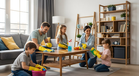 A cheerful family of four, including parents and two young children, works together to clean their living room. They are using spray bottles, cloths, and yellow rubber gloves to dust the furniture, teaching the kids responsibility through teamwork.の素材