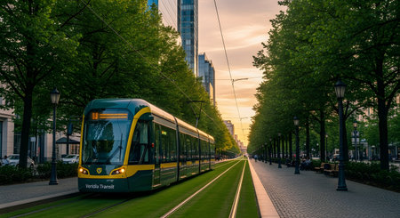 A modern green tram travels along grassy tracks down a tree-lined city avenue at sunset. The golden hour light reflects off the vehicle and surrounding buildings, highlighting eco-friendly urban public transportation.の素材