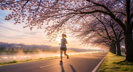 A young woman jogs along a paved path lined with blooming cherry blossom trees during a beautiful sunrise. The scenic park setting with misty light and pink flowers emphasizes a healthy and active spring lifestyle.の素材