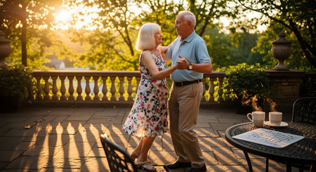 A happy senior couple dances together on a stone terrace bathed in the warm glow of a golden sunset. A table with coffee and a board game sits nearby, symbolizing a joyful and romantic active retirement.の素材