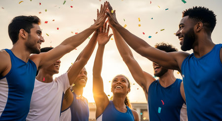 A group of diverse male and female athletes high-fiving each other in a circle while confetti falls around them. They are smiling and cheering, celebrating a victory or successful teamwork in a sunny outdoor setting.の素材