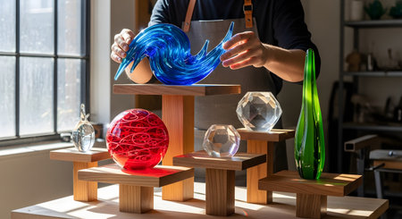 An artisan arranges a collection of vibrant glass sculptures on wooden pedestals in a sunlit studio. The translucent glass pieces, shaped like waves and geometric orbs in blue, red, and green, catch the light beautifully.の素材