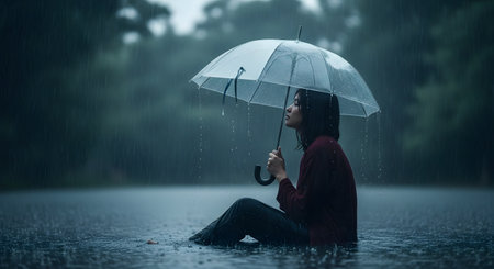 A profile view of a young woman sitting in shallow water during a heavy rainstorm, holding a clear umbrella. The mood is contemplative and melancholic, with raindrops creating ripples around her in a dark, atmospheric setting.の素材