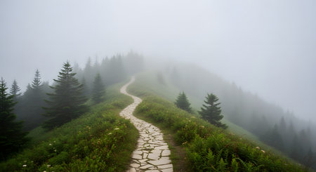 A stone path winds along a grassy mountain ridge leading into a dense, foggy forest. The atmospheric landscape is filled with pine trees fading into the mist, evoking a sense of mystery and adventure.の素材