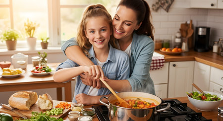 A happy mother hugs her young daughter from behind as the girl stirs a pot of vegetable soup in a bright, modern kitchen. Fresh ingredients like bread and vegetables are spread on the counter, depicting a warm family bonding moment.の素材