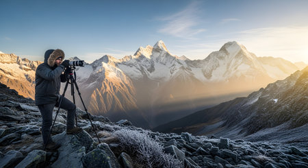 A professional photographer standing on a rocky peak, using a tripod and camera to shoot a majestic snowy mountain range at sunrise. The scene captures the adventure and dedication of landscape photography in extreme conditions.の素材
