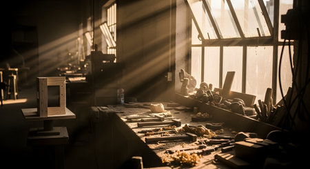 A dusty, atmospheric carpentry workshop features a wooden workbench covered in tools and wood shavings, illuminated by dramatic sunbeams streaming through large windows. The scene captures the quiet beauty of a traditional craftsman's workspace.の素材