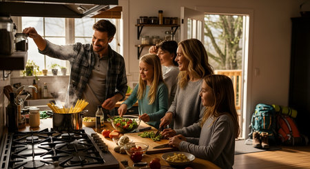 A happy family of five cooking a meal together in a rustic home kitchen. The father tends to a pot of pasta on the stove while the mother and children chop vegetables and prepare a salad, enjoying quality bonding time.の素材
