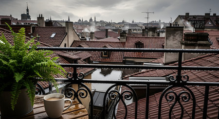 A view from a balcony features a steaming cup of coffee and a fern plant, overlooking the wet, red-tiled rooftops of an old European city on a rainy day. Smoke rises from chimneys, adding to the moody and atmospheric urban landscape.の素材