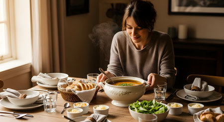 A smiling woman sits at a rustic wooden table enjoying a large bowl of steaming vegetable soup. The cozy dining setting includes fresh bread, salad, and condiments, evoking a sense of comfort and homemade culinary delight.の素材