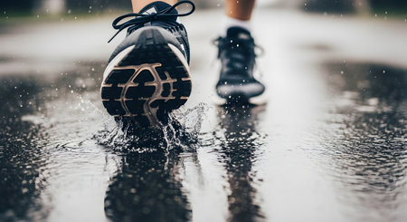 A close-up low-angle shot of a runner's athletic shoes splashing through a water puddle on a paved road. The image captures the dynamic motion and water droplets, symbolizing dedication to fitness in any weather.の素材