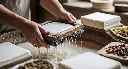 Close-up of artisan hands lifting a wooden deckle mold filled with white pulp from water during the handmade paper-making process. The detailed shot highlights traditional craftsmanship, texture, and the wet stage of creating sustainable paper.の素材