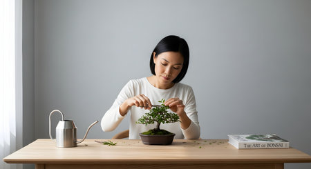 A focused Asian woman carefully prunes a small bonsai tree with scissors at a wooden table in a minimalist room. The serene composition emphasizes mindfulness, patience, and the art of traditional plant cultivation.の素材
