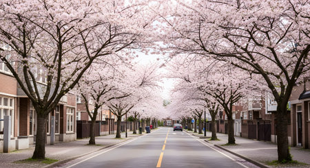 A quiet residential street is lined with magnificent cherry blossom trees in full pink bloom, creating a scenic spring tunnel. A car drives in the distance past brick houses, capturing the beauty of the blooming season in a suburban neighborhood.の素材