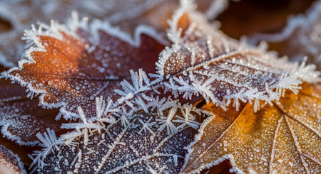 A close-up macro shot reveals delicate ice crystals and frost forming on the edges of brown autumn leaves. The intricate textures of the frozen water structures contrast with the warm tones of the decaying foliage, capturing the transition from fall to winter.の素材