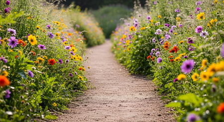 A narrow dirt path winds through a lush meadow filled with colorful wildflowers and tall green grass. The scene evokes a sense of peace and exploration in a natural, sunny summer landscape.の素材