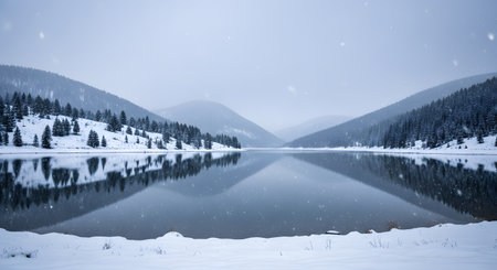 A breathtaking winter landscape features a calm lake reflecting snow-covered mountains and a dense pine forest. Soft snowflakes fall gently from the sky, enhancing the serene, cold, and majestic atmosphere of the wilderness.の素材