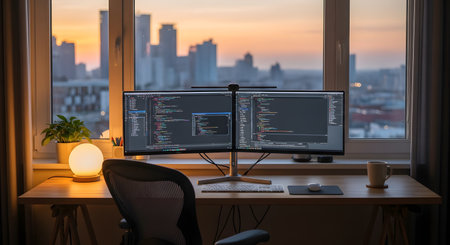 A professional home office setup featuring dual monitors displaying code, a mechanical keyboard, and a warm desk lamp. Through the large window behind the screens, a city skyline is visible during a vibrant sunset, blending work with a scenic urban view.の素材
